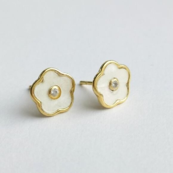 Mother of Pearl Flower earrings with diamond in 14k gold NEW - Picture 3 of 7